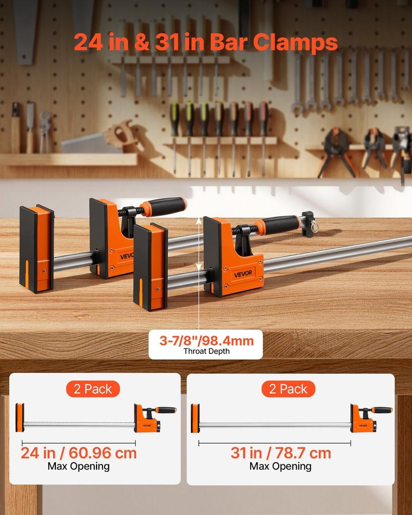 Bar Clamps for Woodworking, 4-Pack, 60.96 cm and 78.7 cm F Clamps, 500 kg Load Limit, Clamp/Spreader 2 Modes, Soft Rubber Pads, Ergonomic Handle,