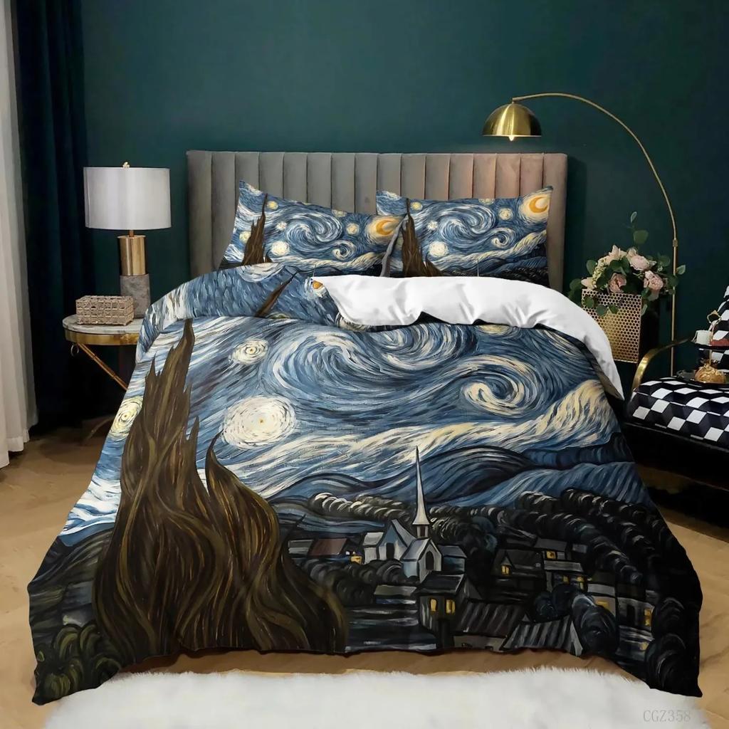 Starry Night Van Gogh Duvet Cover Set Queen Size,Oil Painting Famous Modern Classic Sky Star Art Polyester Comforter Cover