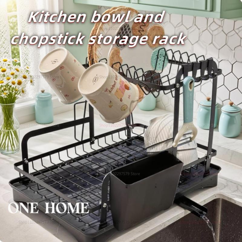 Kitchen Storage Rack Small Family Tableware Drain Rack Multi-Function Bowl Chopstick Organizer Drip Tray Countertop Saver