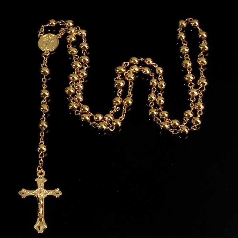 Gold-Plated 6mm Imitation Bead Rosary Necklace with Exquisite Pendant