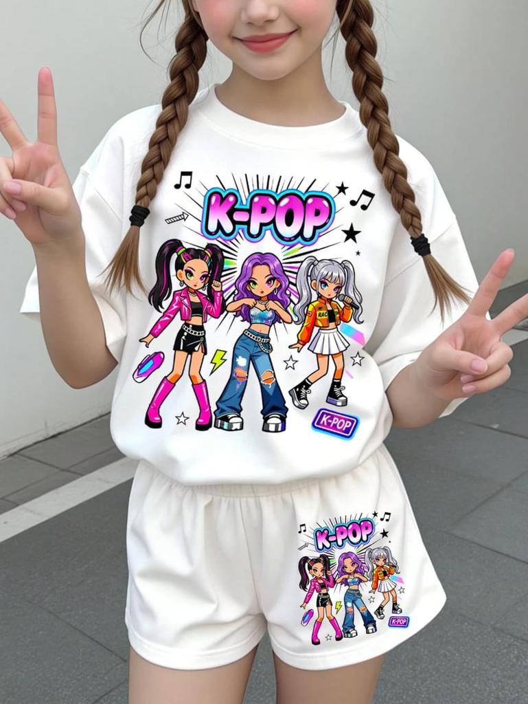Conjunto de Camiseta y Pantalones Gráficos de Dibujos Animados Kpop para Niñas Ropa de Verano para Niñas Lindo Conjunto de Manga Corta Conjunto de Camiseta y Pantalones Cortos para Niños