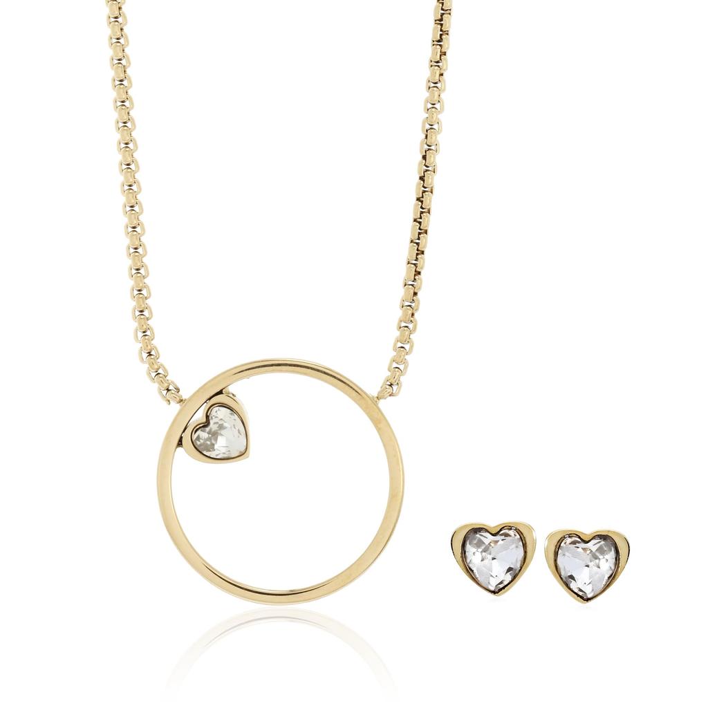 Skagen Women's Gold-Tone Stainless Steel Necklace and Glitz Heart Earrings Set, SKJB1014SET