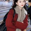 Damen Petites High-End Rote Kunstfuchsfell Lederjacke - Umweltfreundlicher Kurzer Wintermantel