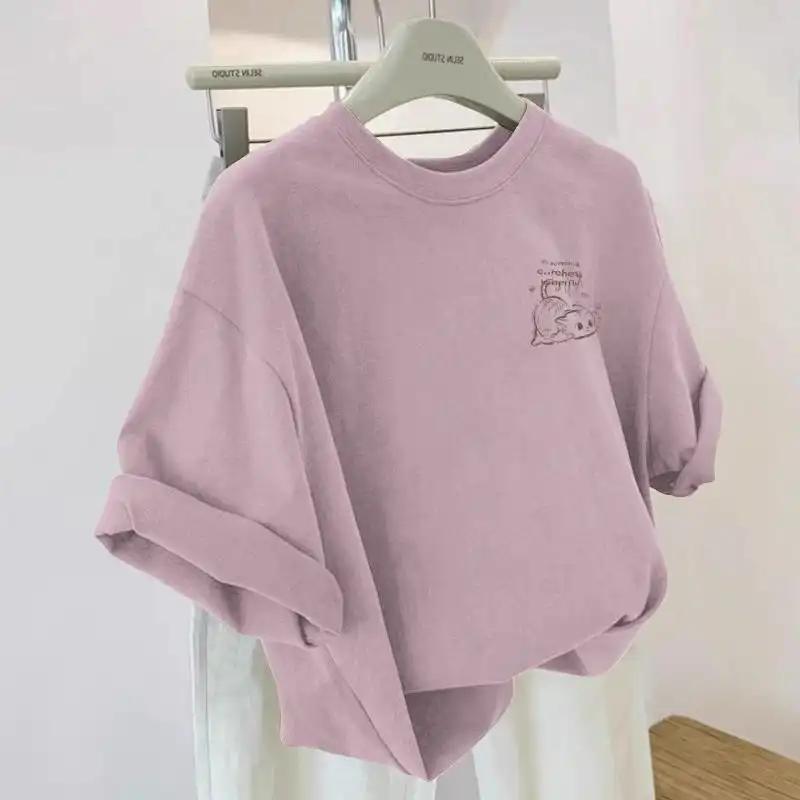 Women's Cute Cartoon Embroidered T-Shirt Rolled Short Sleeve Oversized Casual Top