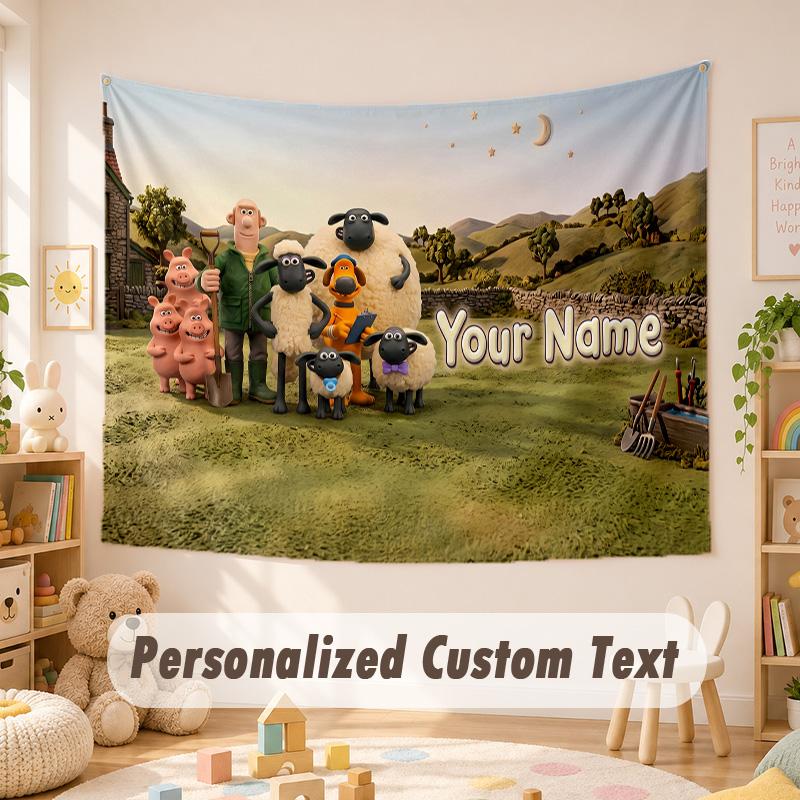 Custom Name Text Tapestry,Shaun the Sheep Boho Wall Hanging, Decorative Backdrop Tapestry For Room