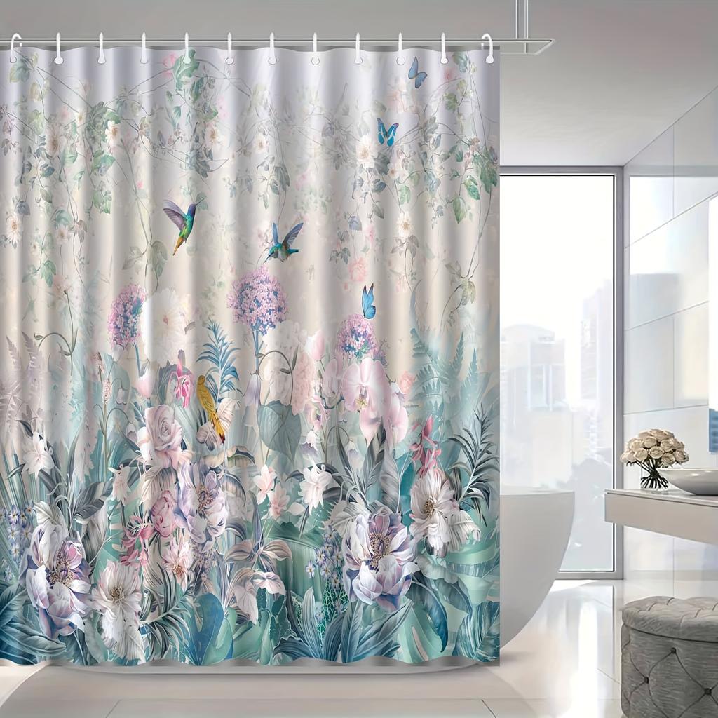 Elegant Floral & Bird Shower Curtain - Water-Resistant Polyester, 12 Hooks, Machine Washable, Fog-Proof, All-Season Design