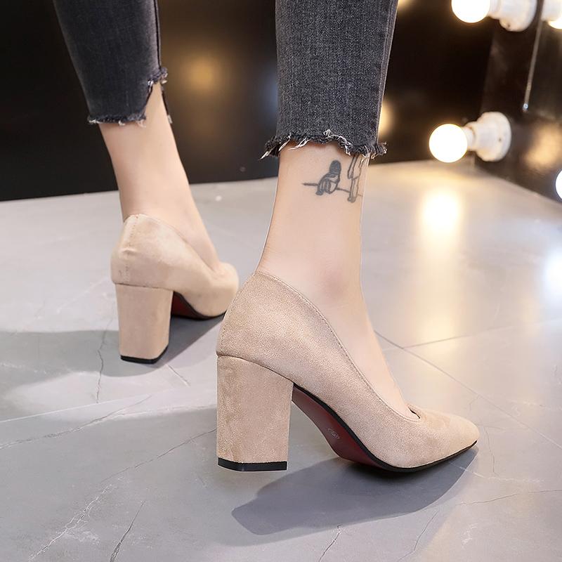 Fashion New Women Pumps Flock Sweet Thick High Heels Female Sexy Office Pointed Toe Dress Work Pump Cute Shoes Ladies Footwear