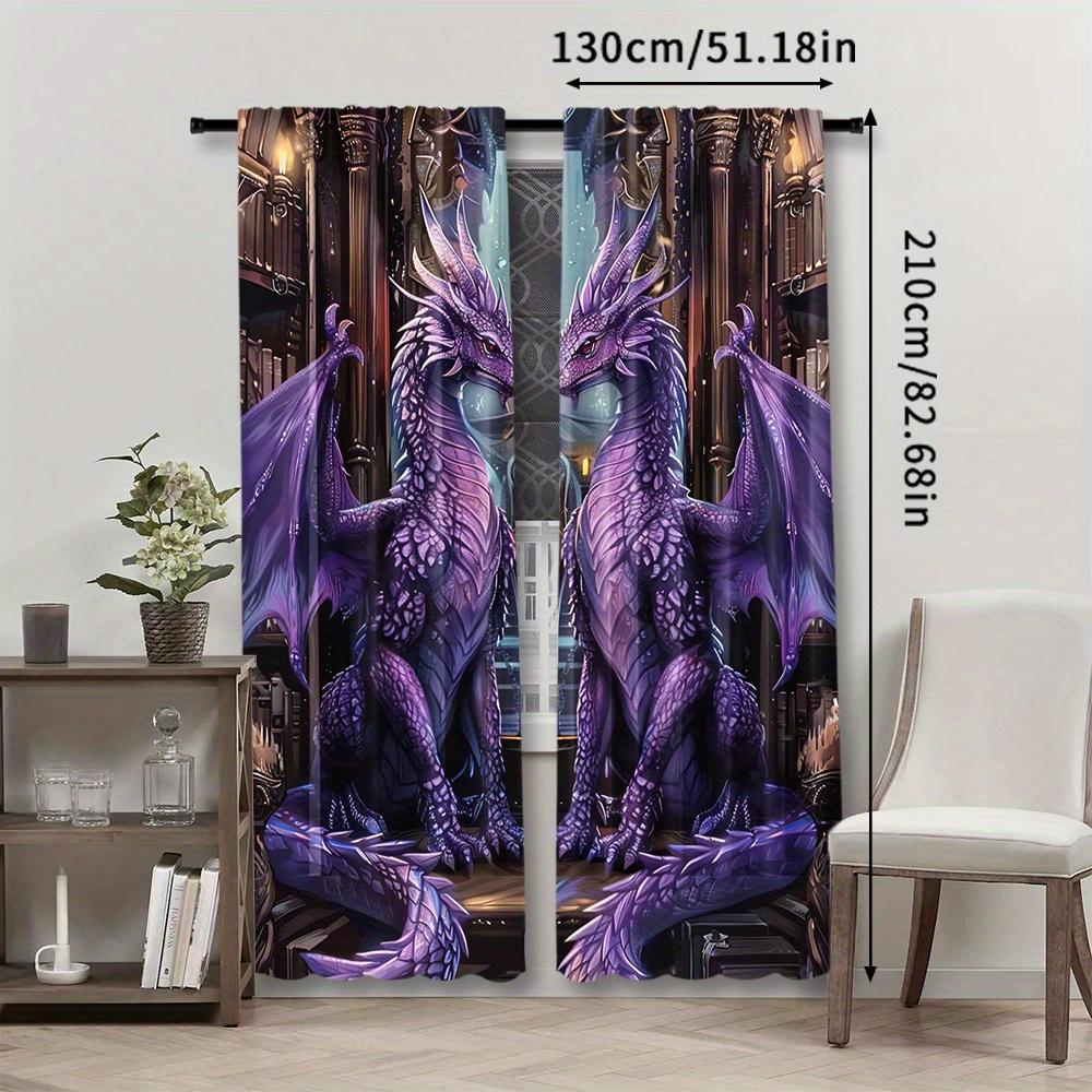 2pcs Rod Pocket Dragon Print Curtains - Semi-Sheer Polyester Pongee Fantasy Library Decor for Bedroom, Living Room - Machine Was