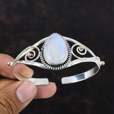 Rainbow Moonstone Bangle Handmade Gemstone Cuff 925 Sterling Silver Bangle Moonstone Jewelry 18K Gold Plated Adjustable Bangle Wedding Gift