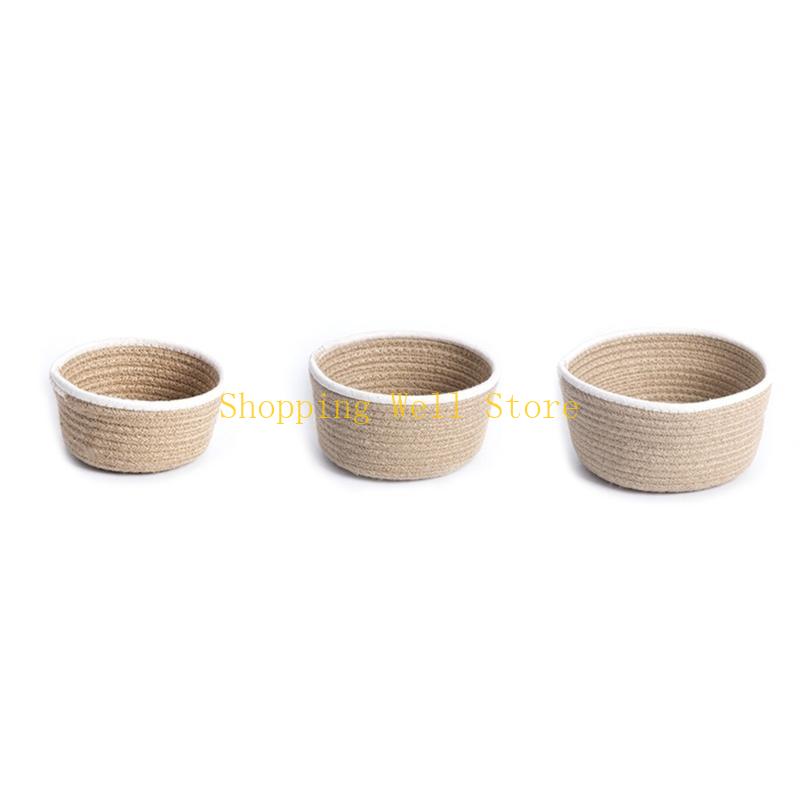 KX4B 3Pcs Round Braided Linen Baskets Handwoven Linen Rope Organization Baskets Portable Round Storage Container