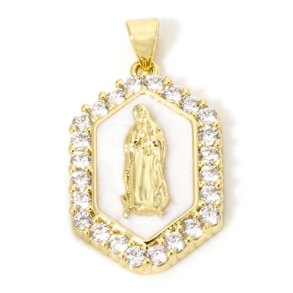 1 PC Virgin Mary Religious Brass Pendants 18K Gold Plated Pearlized Hexagon Enamel Cubic Zirconia Charms Pendants 3cm x 1.7cm