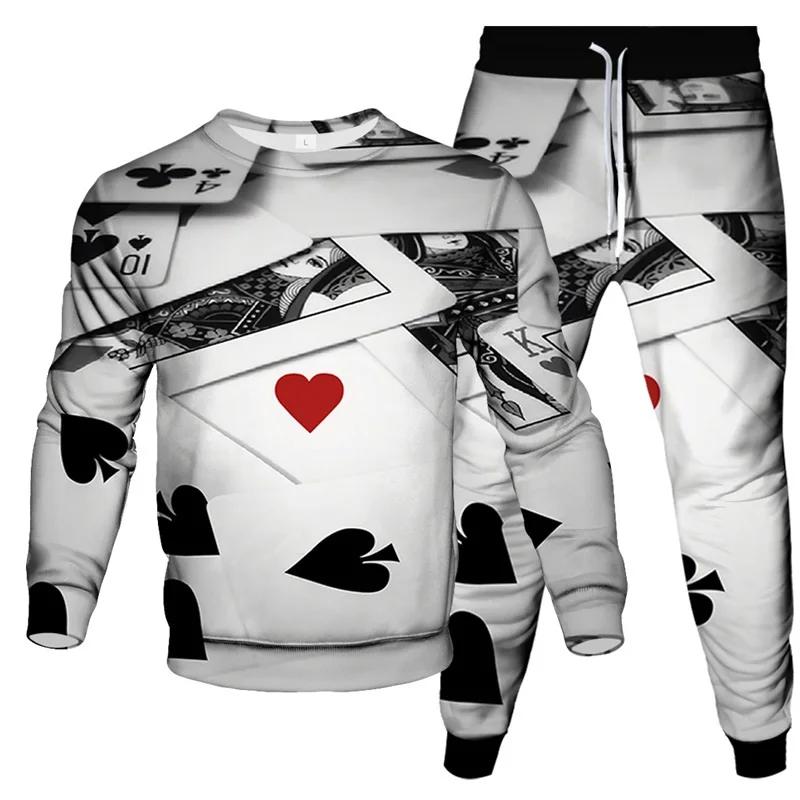 Poker Skull Print Autumn Men's Outfit Casual Tracksuits Vintage O Neck Sweatshirt Jogging Pants Sets Oversized Man 2 Piece Suits