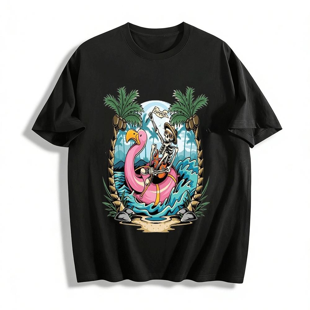 

Summer Skeleton Flamingo Float Vacation Graphic Tee Pure cotton T-shirt XXS