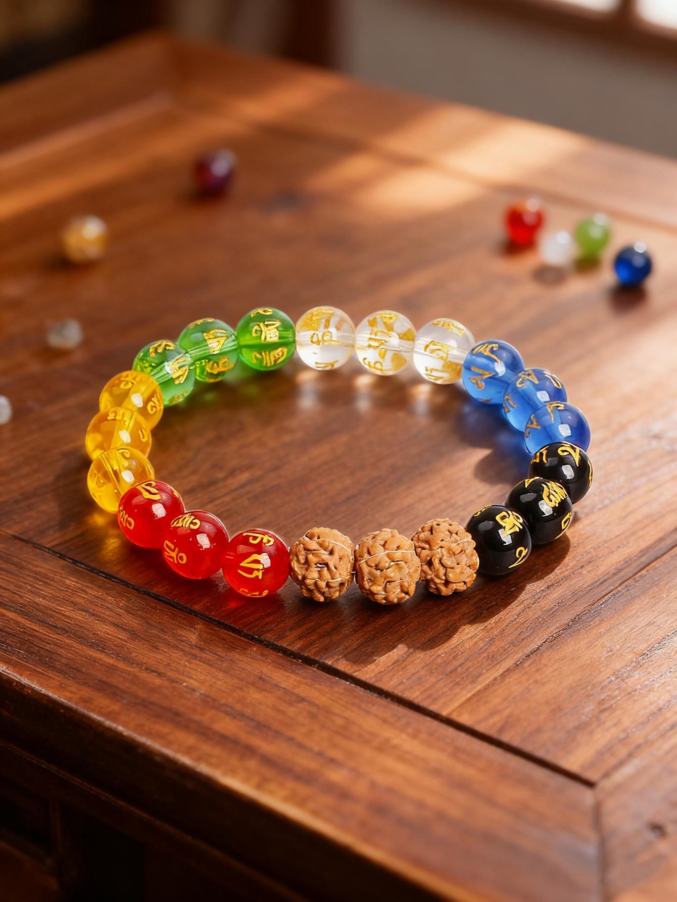 

Natural Stone Bracelet Vajra Bodhi Rudraksha With 7 Chakra Crystal Six True Words Bead For Vigour Protection Spiritual Jewelry 10mm Beads&17cm(6.69inch)