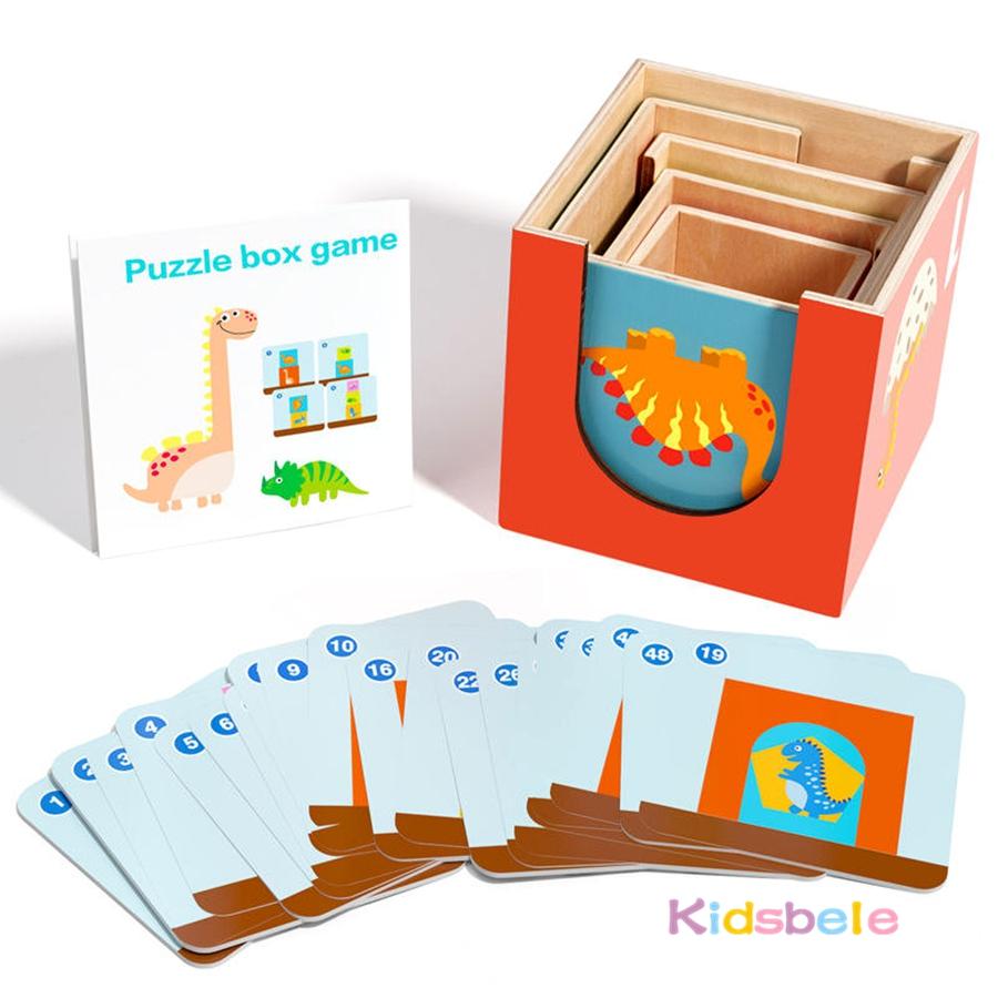 Puzzles Toys for Toddler 5PCS Wooden Box To Build and Stack Montessori Colours Numbers Recognition Toy With 24 Cards Logic Toy