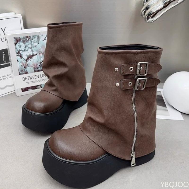 Botas de plataforma impermeáveis que aumentam a altura, doces e picantes com zíper, botas femininas de sola grossa, estilos outono inverno, simples e versátil