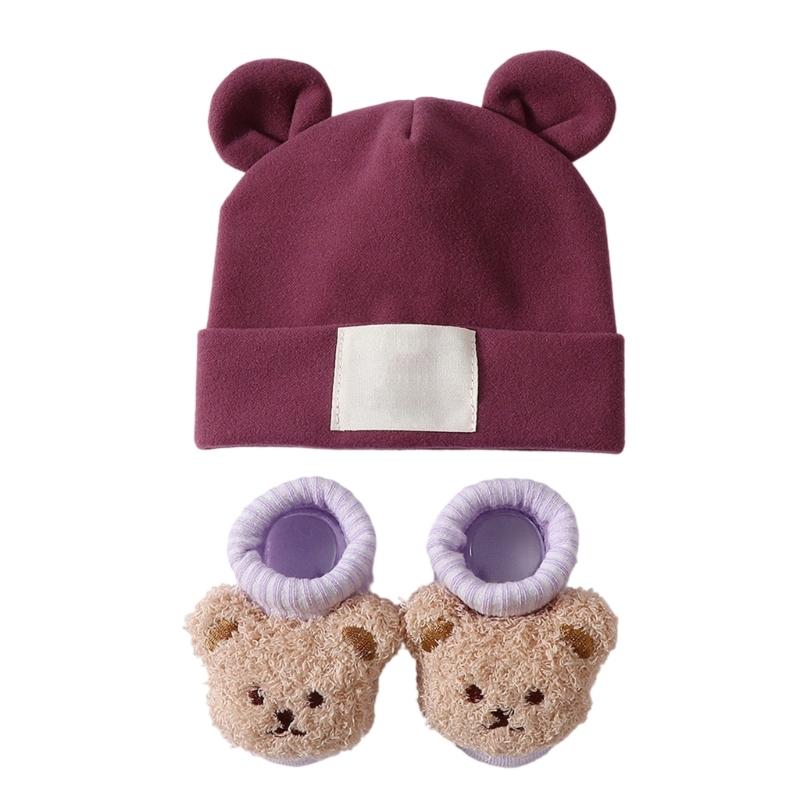 Atmungsaktive Babymütze mit Ohrenmuster und Socken Elastische Baumwoll-Polyester-Mischung Sanft zu empfindlicher Haut Sicherer Sitz für Säuglinge