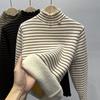 Thickened and Velvet Long-sleeved Inner with Autumn and Winter Striped Warm Top Women's Sweater Classic Stripe Ruffle Collar Women Slim Warm