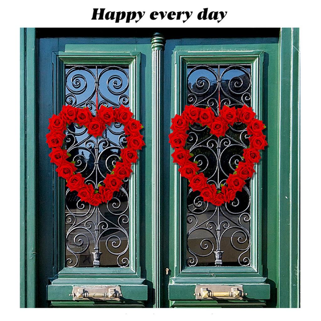 Artificial Rose Wreath Heart Shaped Floral Rose Artificial Garland Door Wreath For Home Party Wedding Valentine's Day Decoration, Red Rose