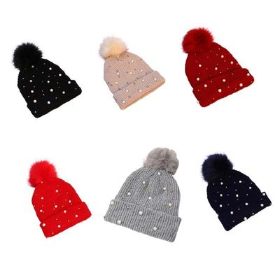 Solid Color Pearl Pompom Wool Hat Knitted Hat Beanie Hat Thicken Stretchable