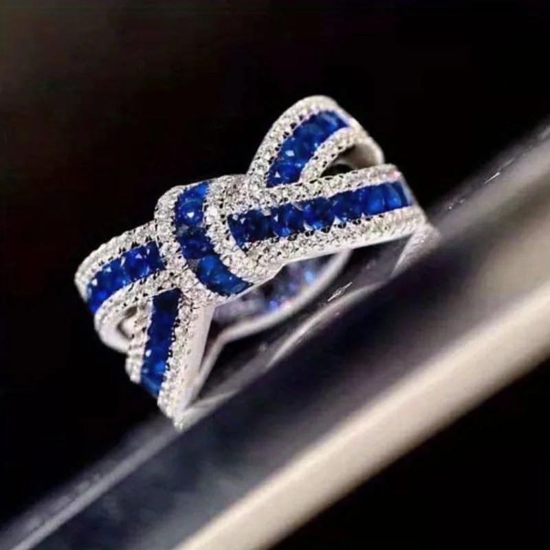 

CAOSHI Bright Blue/Rose Red CZ Cross Design Rings for Women Cocktail Party Luxury Trendy Female Finger-rings Modern Zircon 6