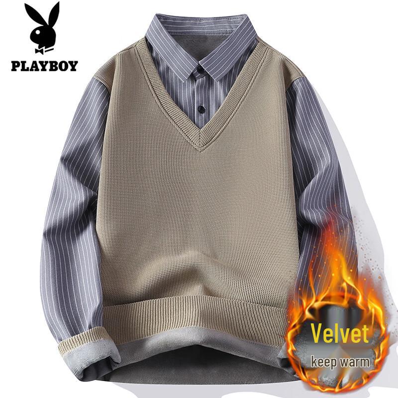 PLAYBOY Men s Fleece-Lined Faux Two-Piece Shirt Collar Sweater 2XL