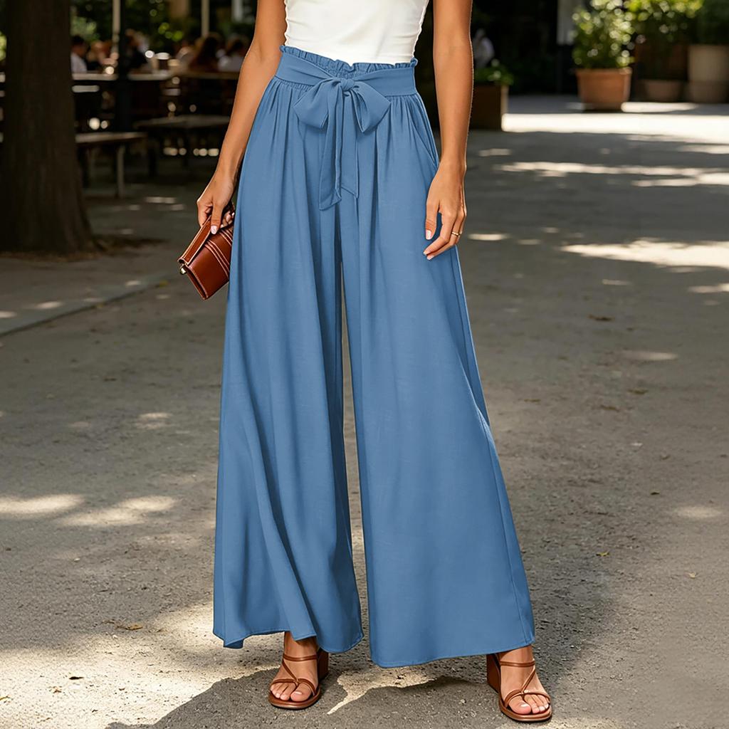 Women's High Waist Wide Leg Pants Bohemian Style Palazzo Trousers with Tie Waist and Pockets Casual Loose Fit Long Pants