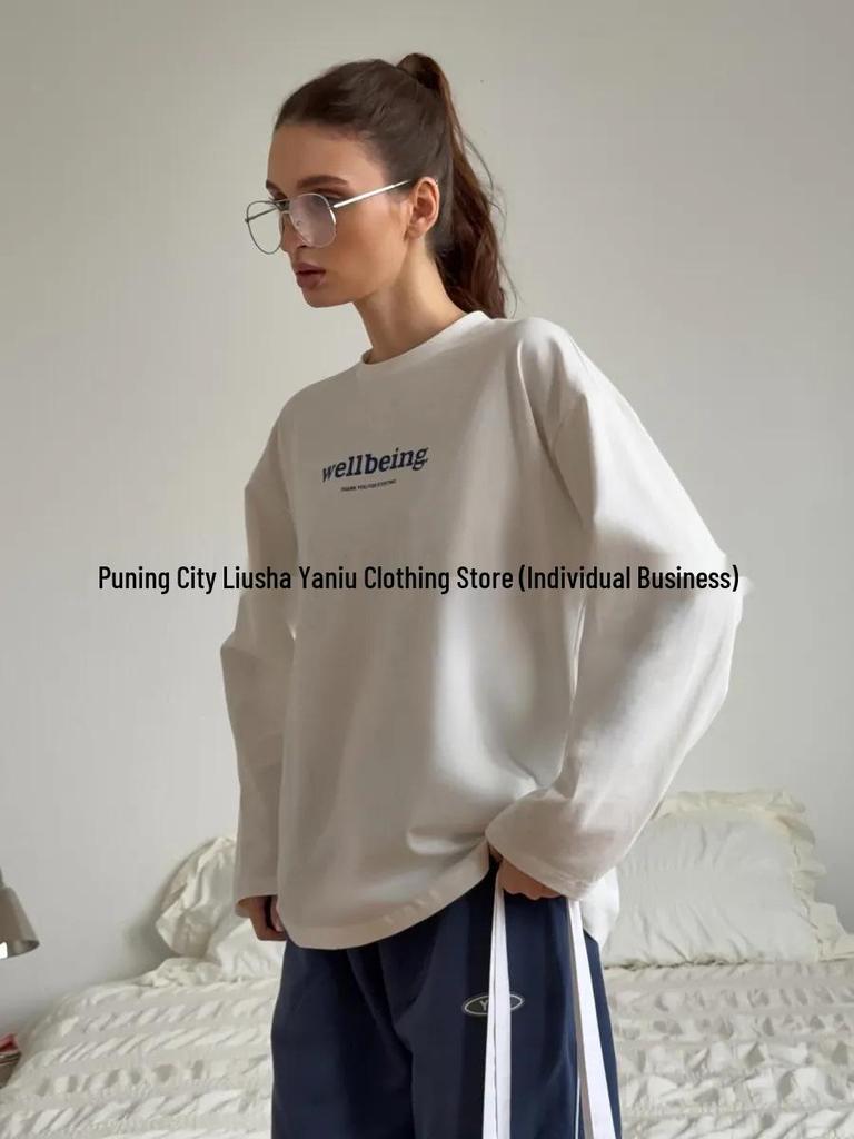 100% Cotton Long Sleeve Letter Print T-Shirt - Autumn European & American Style, New Loose Fit, Comfortable & Simple.