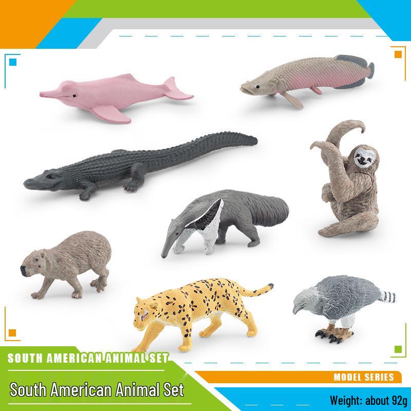 Wild South American Animal Models: Dolphin, Caiman, Capybara, Harpy Eagle, Sloth, Anteater, Jaguar Ornament Set