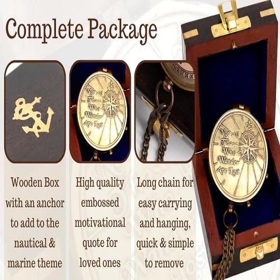 Not All Those Who Wander Are Lost Brass Gift Embossed Compass with Wood Case, Graduation Day Baptism Communion Confirmation Day Motivational Compass