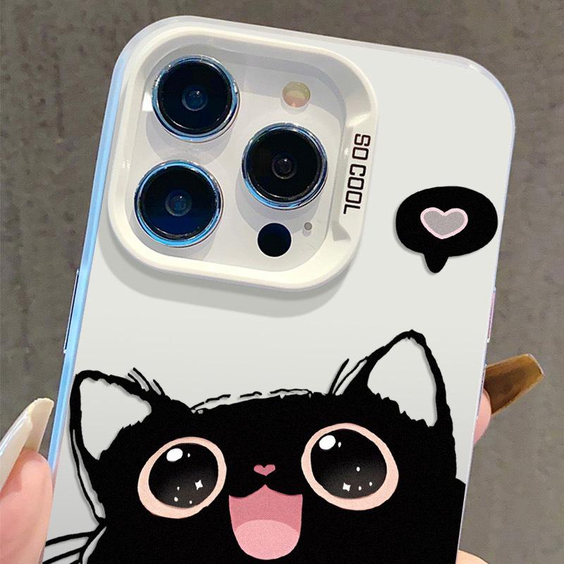 Adorable Black Cat iPhone Case - Compatible with iPhone 13/14Pro/15Pro Max/16 Pro/17, Silver Color