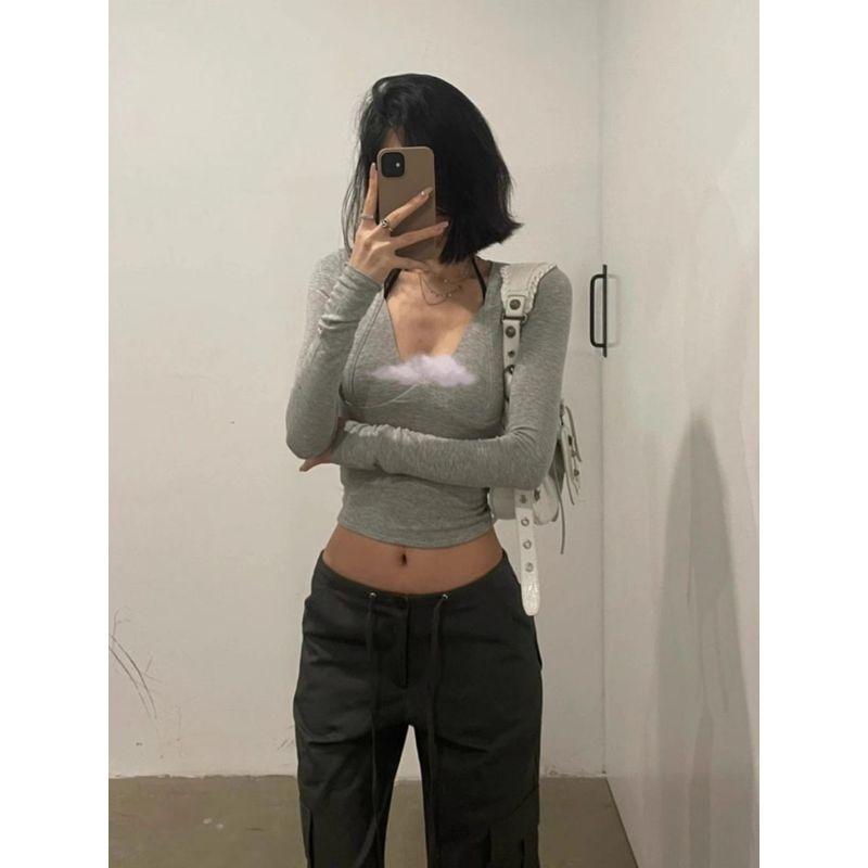 

Rayon Modal 1X1 Customizable Pure Desire Hot Girl Style Gray Deep V-Neck Long-Sleeve T-Shirt for Women Slim Fit Base Shirt Gray S