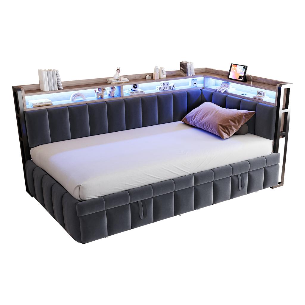Upholstered sofa bed 90x200cm, LED lighting and storage compartments at head and foot end, equipped with USB and Type-C ports. Velvet fabric dark grey