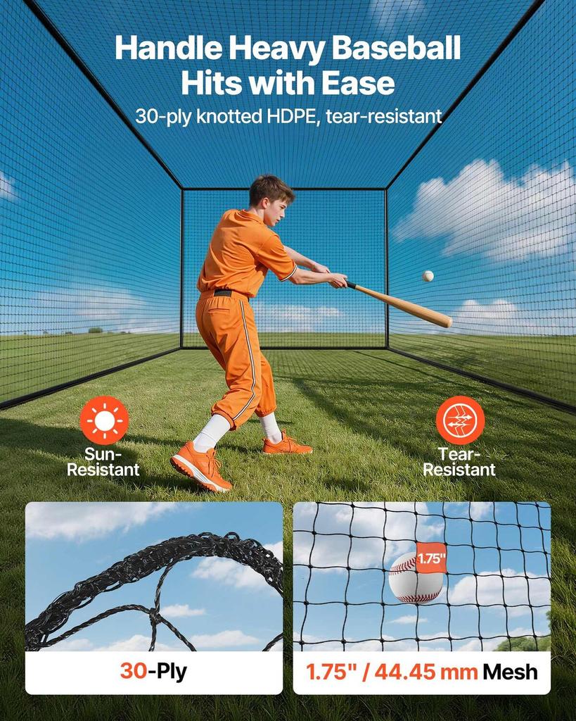 Baseball Batting Cage, 12700 X 3900 X 3080mm Freestanding Portable Batting Cage, Hitting Cages with 30-Ply Knotted HDPE & Carabiner Hooks, Battings