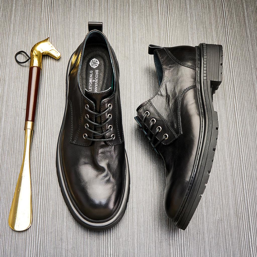 Herren Rundkopf Dicksohlige Weiches Leder Schnürschuhe Low-Top Gürtel Lässig Business Lederschuhe Trendige Mode Kleine Lederschuhe