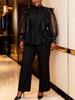 Plus Size Black Ruffle Pants Set with Rhinestone Cuffs - Flattering Wide-Leg Design
