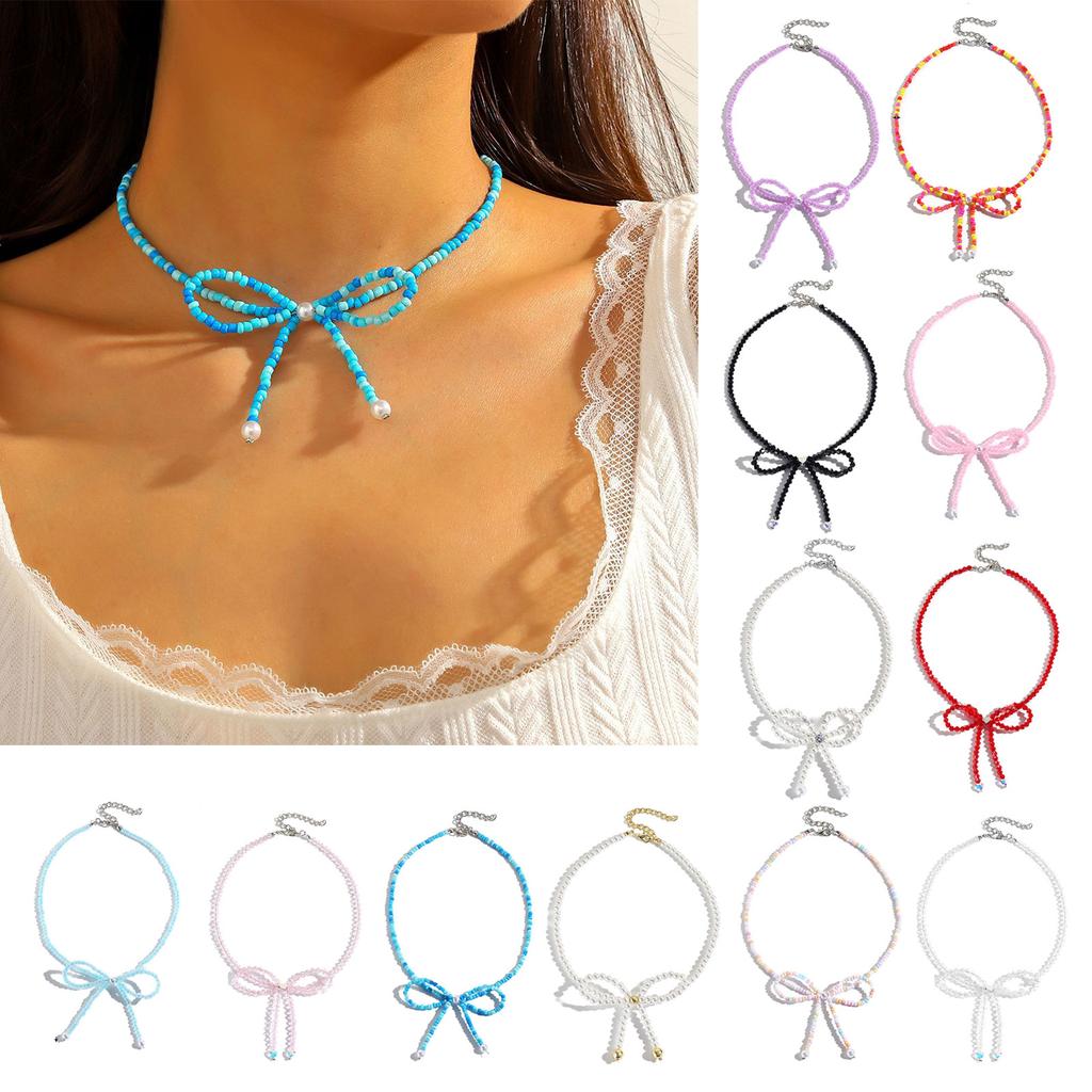 Delicate Bowknot Clavicle Chain Acrylic Beaded Butterfly Bow Collar Necklace Jewelry Clavicle Chain for Women Girls