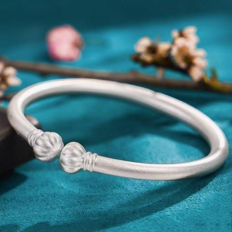 Sterling Silver Frosted Pumpkin Bracelet - Women's Open Bangle, Pure Silver, Chinese Style, Simple Mother's Gift