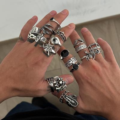 Exaggerated Punk Style Ring for Men Hip Hop Personality Skull Oil Drop Ring Set Vintage Men's Jewelry
