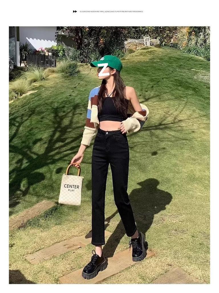 2025 Spring/Summer Women's Black Cigarette Straight-Leg Jeans - Slim Nine-Point Style