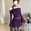 Automne nouveau design astucieux chic sens du design polyvalent épaule à un mot manche corne ruban robe femmes