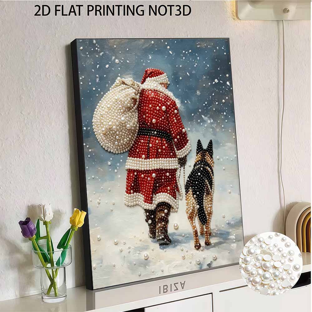 Santa Claus and Dog Pearl Bead Painting Kit with Frame Shiny Canvas Art for Creative Craft Home Decoration and Holiday Gift