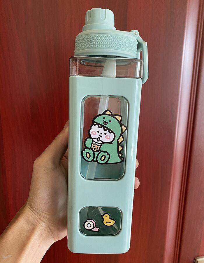 Kawaii Pastel Straw Bottle New Transparent Square Cute Water Bottles Large Capacity Travel Outdoor Sport Cycling Bottle BPA Free