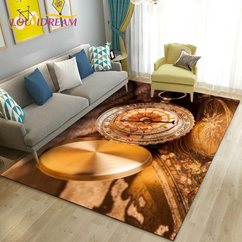 Alfombra retro con diseño de mapa del mundo vintage y brújula, para sala de estar, dormitorio, sofá, decoración, alfombra antideslizante para el suelo