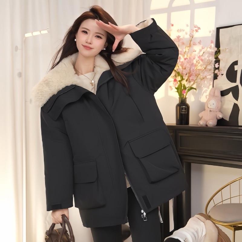 

Зимнее новое пальто из овечьей шерсти, на подкладке и утолщенное, в стиле пирог, повседневное свободное средней длины, с большим меховым воротником, хлопковая одежда Xl 130-145 чёрный