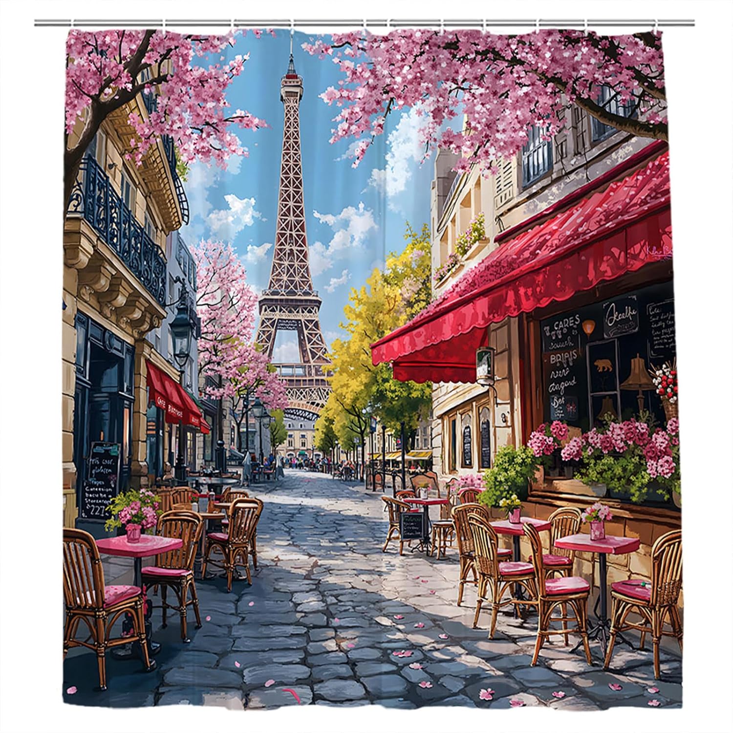 Французский Париж Эйфелева башня Шторка для душа Картина маслом Европейская городская улица Пейзаж Современный Романтический Винтажный Пейзаж Розовый Цветочный 90x180CM