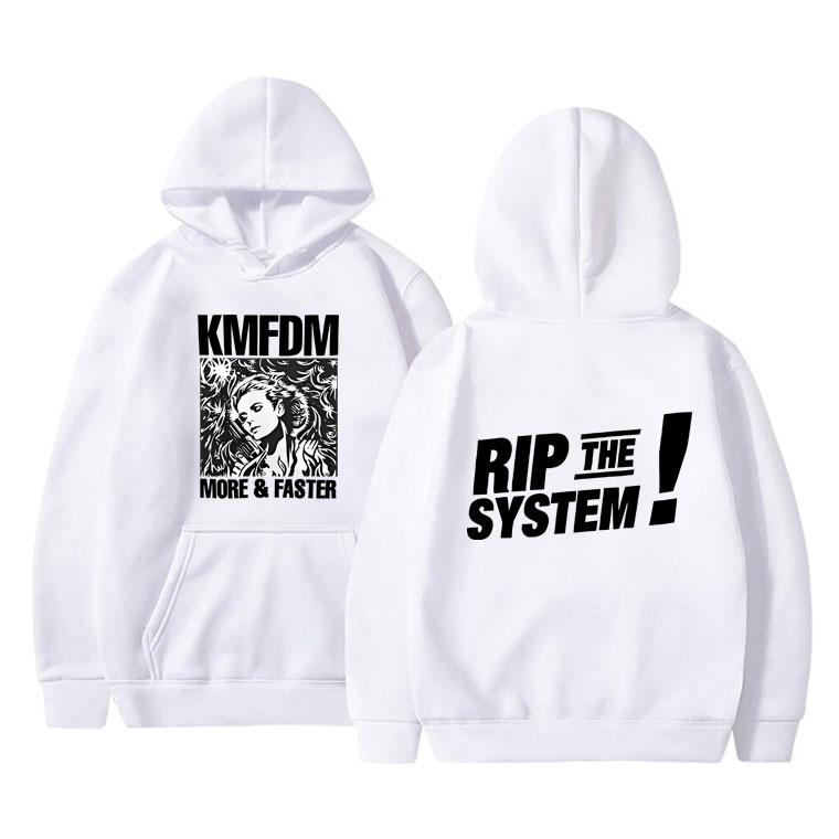 Bluza z kapturem męska z polaru w stylu vintage hardcore alternatywny rock Kmfdm More and Faster Rip The System w modzie oversize