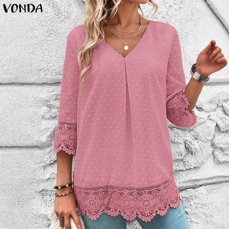 VONDA Women Casual V Neck 3/4 Sleeve Texture Lace Patchwork Blouse
