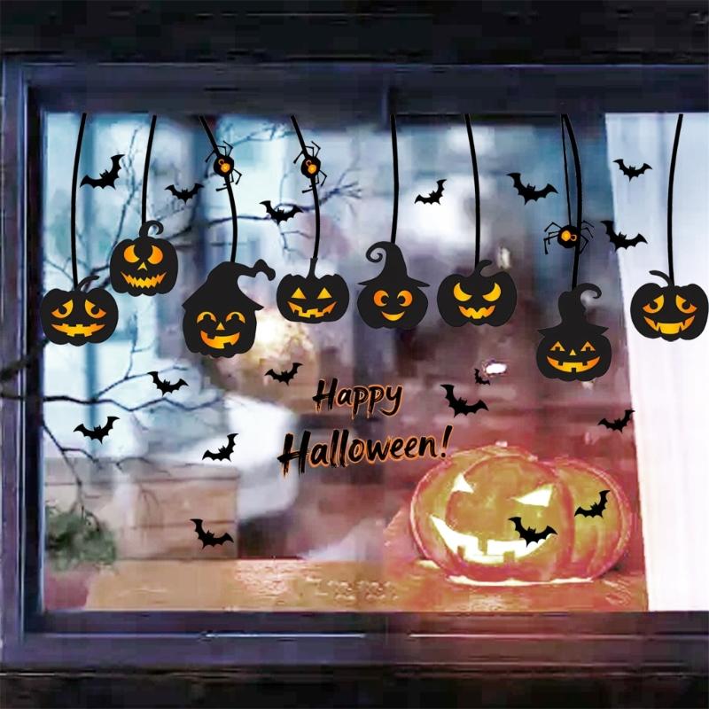 Autocollant de Fenêtre Réutilisable pour Halloween Design Chauve-souris et Citrouille Autocollant Statique Décorations Pour Usage Intérieur et Extérieur