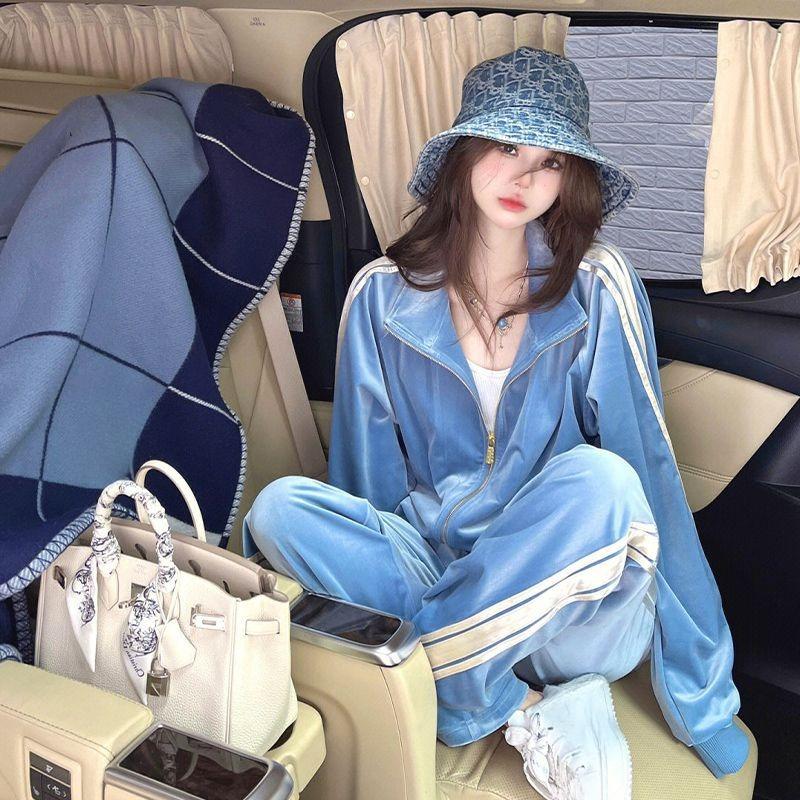 Gold Velvet Sports Suit Women's Spring and Autumn Dress High-end Retro Casual Sweater Zipper Coat Wide-leg Pants Two-piece Set